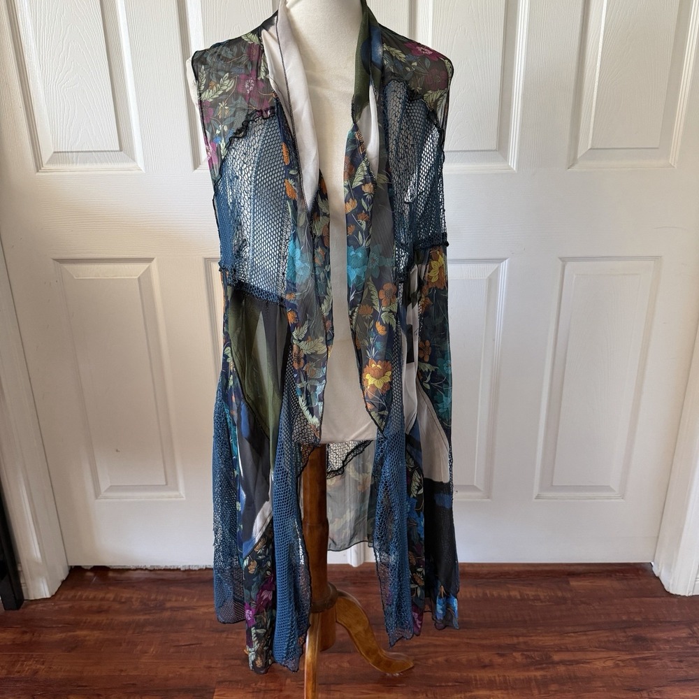 The Pyramid Collection S Floral Mesh Duster Vest Mixed Media Boho Lagenlook